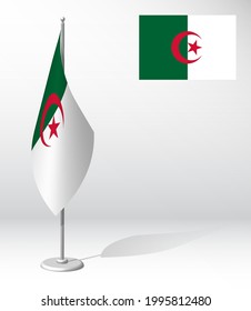 Bandera de Argelia en el asta para el registro de un evento solemne, reuniéndose con invitados extranjeros. Día de la Independencia Nacional de Argelia. Vector 3D realista en blanco