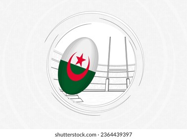 Algeria flag on rugby ball, lined circle rugby icon with ball in a crowded stadium. Vector sport emblem on abstract background.