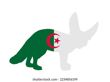 Algeria flag over Fennec fox national animal symbol vector silhouette illustration isolated on white background. Desert fox national patriotic emblem of Algeria. North Africa country invite souvenir.