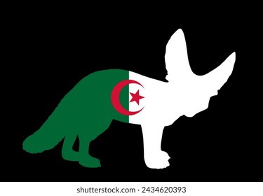 Algeria flag over Fennec fox national animal symbol vector silhouette illustration isolated on black background. Desert fox national patriotic emblem of Algeria. North Africa country invite souvenir.