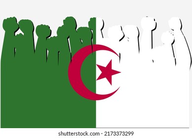 Algerienflagge mit erhöhter Protesthand, Vektorgrafik, Logo der Länderflagge, algerisches Protestkonzept, flaches Design gegen Idee