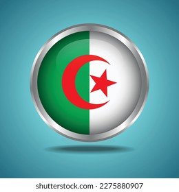 The Algeria flag. Round glossy. Silver frame. Isolated on color gradient background