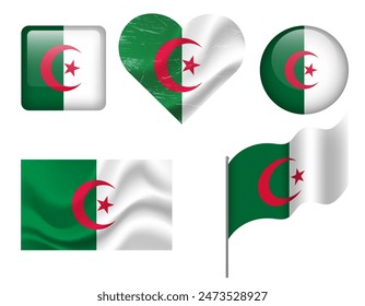 Algeria flag set of icons. Vector flag of Algeria, symbol. Set of Algeria flags button, waved, heart.