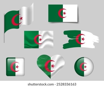 Conjunto de ícones da bandeira da Argélia. Bandeira da Argélia, símbolo. Conjunto de Argélia bandeiras botão, escova, acenado, coração.