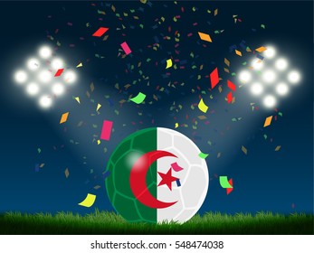 Algeria flag in soccer ball with confetti in stadium to celebrate for football match in night time with spot light backdrop, This design for sport template , banner in vector illustration