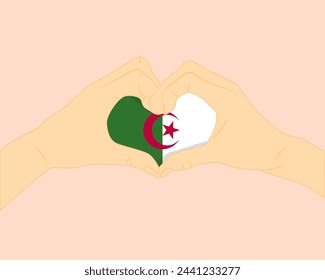 Algeria flag with two hands heart shape, express love or affection concept, support or donate to Algeria, hand heart love sign, vector design, patriotism and nationalism idea