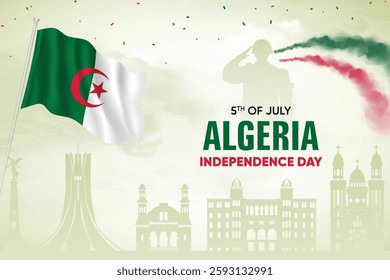 Algeria Flag Waving On Skyline Background. Independence Day Concept Design Vector Illustration.