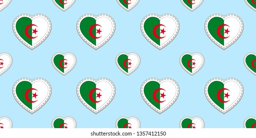 Algeria flags background. Algerian flag seamless pattern. Vector stikers. Love hearts symbols. Good choice for sports pages, travel, school, geographic, cartographic elements. patriotic wallpaper