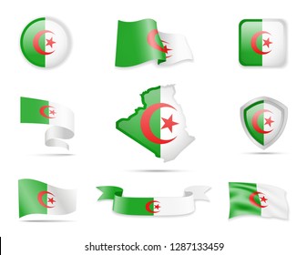Algeria flags collection. Flags and outline of the country. Vector illustration