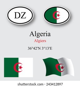 algeria flags and icons set over gray background, abstract vector art illustration, image contains transparency