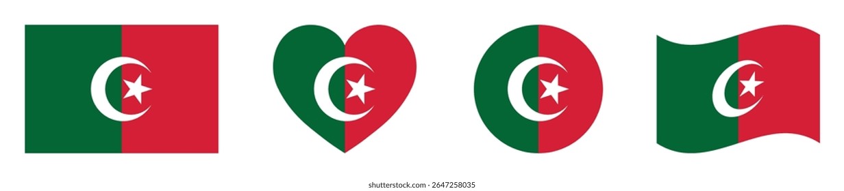 Algeria flags set in square, heart, circle and waving formats designs element. Algeria flags collection. Set of Algeria flags icons isolated on white background. Vector illustration.