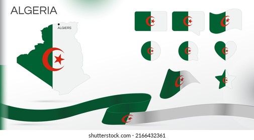 Algerien Flaggen gesetzt. Verschiedene Designs. Karte und Hauptstadt. Weltflaggen. Vektorset. Circle Icon. Vorlage für den Unabhängigkeitstag. Sammlung nationaler Symbole. Band mit Farben der Flagge. Afrika