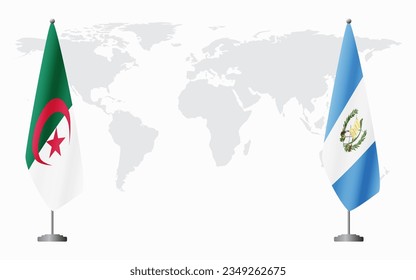 Algeria and Guatemala flags for official meeting against background of world map.