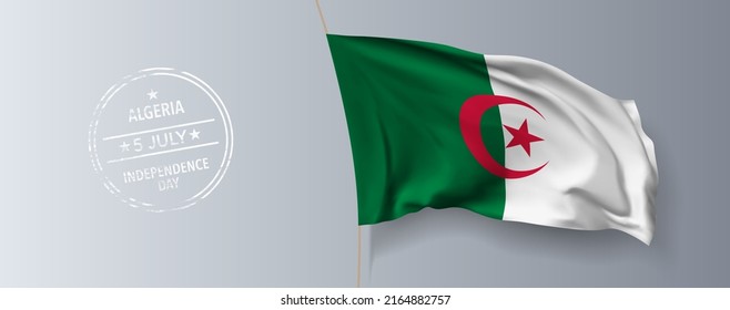 Algeria happy independence day greeting card, banner with template text vector illustration. Algerian memorial holiday 5th of July design element with 3D flag with stripes