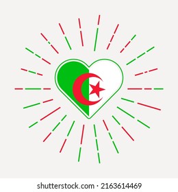 Algeria heart with the flag of the country. Sunburst around the Algeria heart sign. Vector illustration.