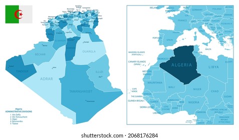 Argelia - mapa azul altamente detallado. Ilustración del vector