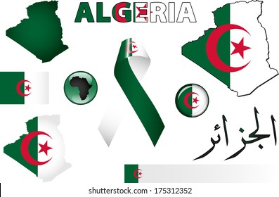 Algeria Icons. Set of vector graphic images and symbols representing Algeria. The text says 'Algeria' in Arabic.