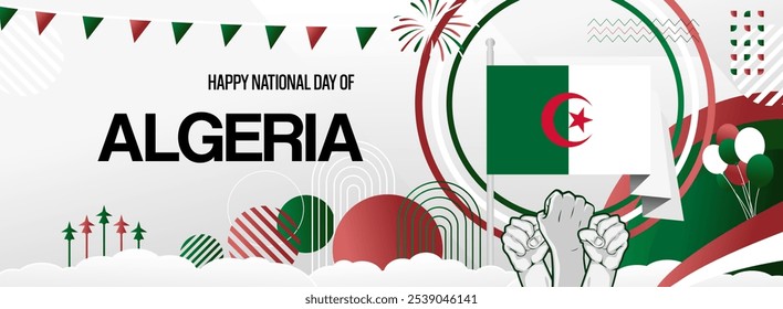 Algeria independence day festive banner. Vibrant modern templates for holiday celebration, greeting card, billboard, and sport event backdrops. July 5th. Happy national day of Algeria