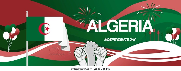 Algeria independence day festive banner. Vibrant modern templates for holiday celebration, greeting card, billboard, and sport event backdrops. July 5th. Happy national day of Algeria