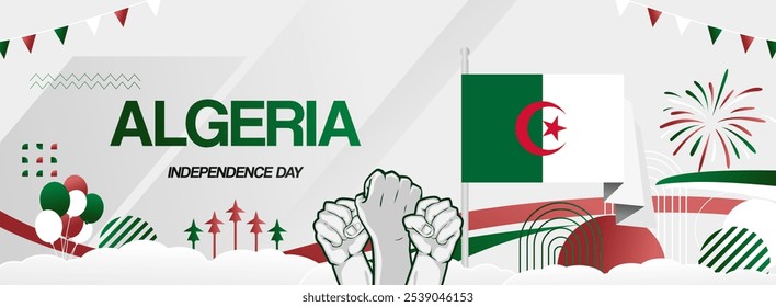 Algeria independence day festive banner. Vibrant modern templates for holiday celebration, greeting card, billboard, and sport event backdrops. July 5th. Happy national day of Algeria