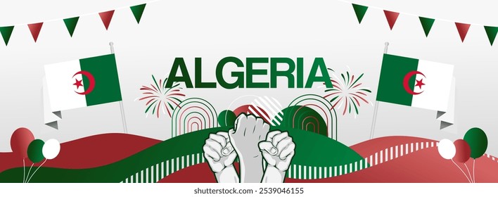 Algeria independence day festive banner. Vibrant modern templates for holiday celebration, greeting card, billboard, and sport event backdrops. July 5th. Happy national day of Algeria