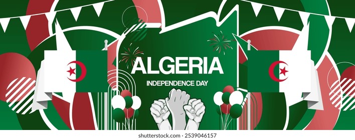 Algeria independence day festive banner. Vibrant modern templates for holiday celebration, greeting card, billboard, and sport event backdrops. July 5th. Happy national day of Algeria