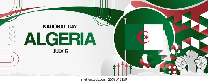 Algeria independence day festive banner. Vibrant modern templates for holiday celebration, greeting card, billboard, and sport event backdrops. July 5th. Happy national day of Algeria