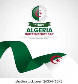 Algeria independence day greeting card, square banner background with waving ribbon flag