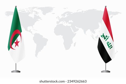 Algeria and Iraq flags for official meeting against background of world map.