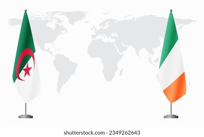 Algeria and Ireland flags for official meeting against background of world map.