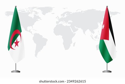 Algeria and Jordan flags for official meeting against background of world map.