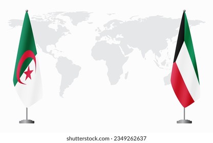Algeria and Kuwait flags for official meeting against background of world map.