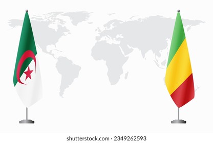 Algeria and Mali flags for official meeting against background of world map.