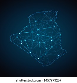 Algeria Map - Abstract geometric mesh polygonal network line, structure and point scales on dark background with lights in the form of cities. Vector illustration eps 10.