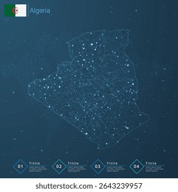 Algeria map abstract geometric mesh polygonal light. Business wireframe mesh spheres from flying debris. Blue structure style vector illustration concept.