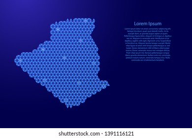 Algeria map abstract schematic from blue triangles repeating pattern geometric background with nodes and space stars for banner, poster, greeting card. Vector illustration.