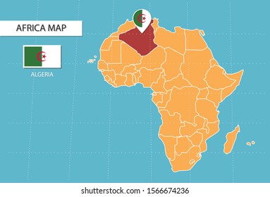 Algeria map in Africa, icons showing Algeria location and flags.