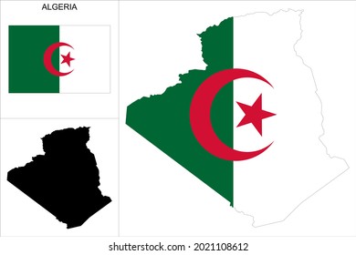 Algeria map with Algerian flag background - map as a black pattern and Algerian flag available separately