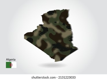 algeria map with camouflage pattern, Forest  green texture in map. Military concept for army, soldier and war. coat of arms, flag.