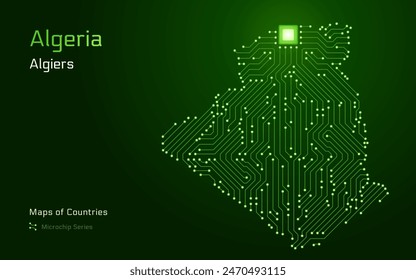 Argelia Mapa con la capital de Argel en un patrón de microchip con procesador. Gobierno electrónico. Mapas de Vector de Países Mundiales. Serie de microchips	