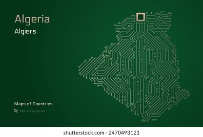 Algerien Karte mit einer Hauptstadt von Algier in einem Mikrochip mit Prozessor gezeigt. E-Government. In: World Countrys Vektorgrafik Maps. Mikrochipserie	