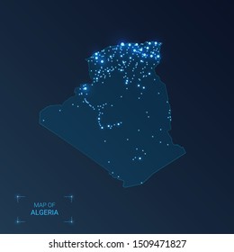 Algeria map with cities. Luminous dots - neon lights on dark background. Vector illustration. 