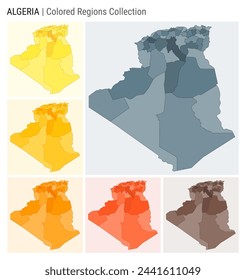 Algeria map collection. Country shape with colored regions. Blue Grey, Yellow, Amber, Orange, Deep Orange, Brown color palettes. Border of Algeria with provinces for your infographic.