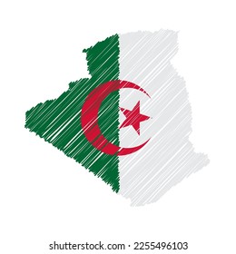 Algerien Karte Farbe handgezeichnet Skizze. Vektorgrafik-Flag, Schreib-Karte. Landkarte für Infografiken, Broschüren und Präsentationen einzeln auf weißem Hintergrund. Vektorgrafik.