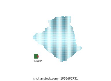 Algeria map design blue circle, white background with Algeria flag.
