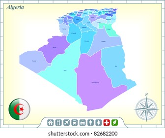Algeria Map with Flag Buttons and Assistance & Activates Icons Original Illustration