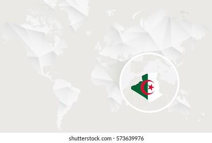 Algeria map with flag in contour on white polygonal World Map. Vector Illustration.