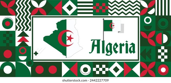 Algerien Karte Flagge Unabhängigkeitstag geometrische Land Web-Banner Unternehmen abstrakte Hintergrund Design mit Flagge Thema. Landesvektorabbildung