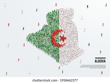 Algeria Map and Flag. A large group of people in Algerian flag color form to create the map. Vector Illustration.