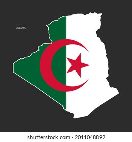 Mapa de Argelia con bandera sobre fondo gris oscuro. Mapa argelino con decoración de bandera aislado en un fondo apenas oscuro.